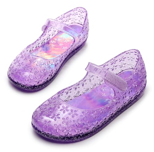 Image of Princess Dress Sandals Jelly Shoes for Toddler Girls Size 8, Blue Bird Nest Layered Lines Mary Jane Flats Childrens Clear Glitter with Hollow-Carved