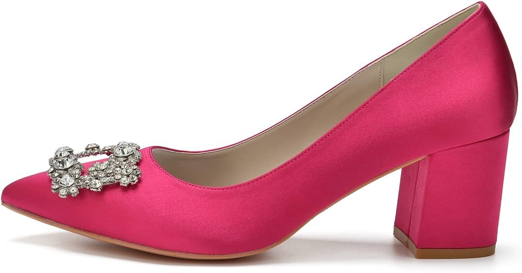 TarfiC Women's Closed Toe High Heels Satin Wedding Pumps with Rhinestone Pointed Toe Chunky High Heel Sandals - Image 3