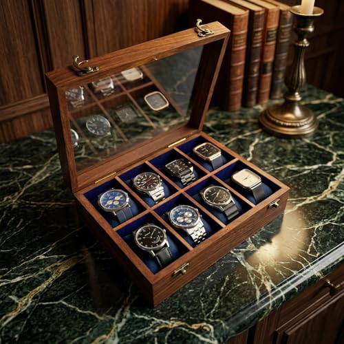 Image of Vintage Wooden Watch Box for Men, Timepiece Display Case, Storage Organizer, Jewelry Box for Women, Gift for Men - Sheesham Wood, Handmade Cushions & Paddings (8 Grooves)