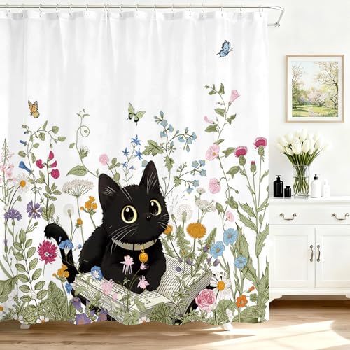 Mocsicka Floral Shower Curtain for Bathroom, Cute Funny Cat Shower Curtain with 12 Hooks Boho Flowers Garden Bath Curtain for Boho Floral Bathroom Decor, 72 X 72 Inch Waterproof Fabric