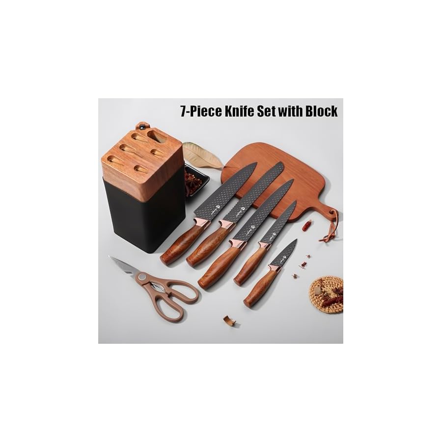 Kitchennsky Kitchen Knife Set, 7-Piece Stainless Steel Knife Set with Block, Ultra Sharp Chef Knife Set with Ergonomic Handle for Home, Kitchen & Restaurant (Black), Standard