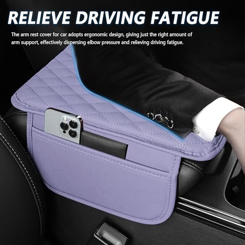 Image of Stacool Upgraded Car Center Console Cover,Microfiber Leather Car Armrest Cover Cushion with 2 Storage Bags,Universal Car Armrest Storage Box (Purple)