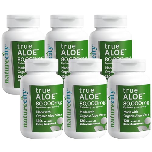 NatureCity True-Aloe 80,000mg Aloe Vera Gel Equivalent Per Serving– Made with Organic Aloe Vera (720 Capsules) Digestive, Skin and Joint Support|Small Easy-to-Swallow Pills