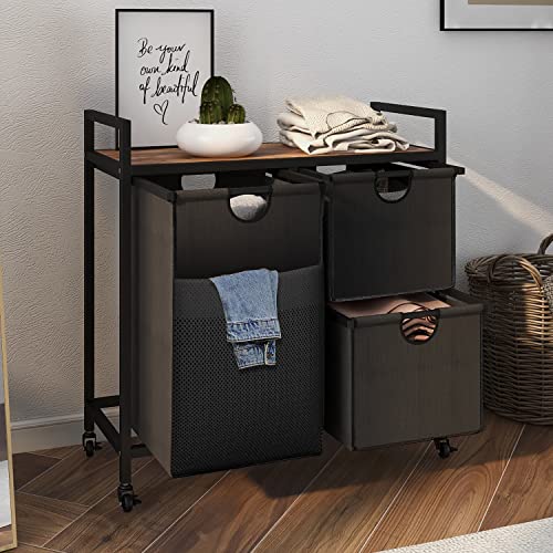 Tohomeor Laundry Sorter With 3 Laundry Basket Rolling Laundry Hamper Cart With Wheels Sliding Pull Out And Removable Laundry Basket Bags For Laundry Room Bathroom Bedroom (Rustic Brown) #TOP1
