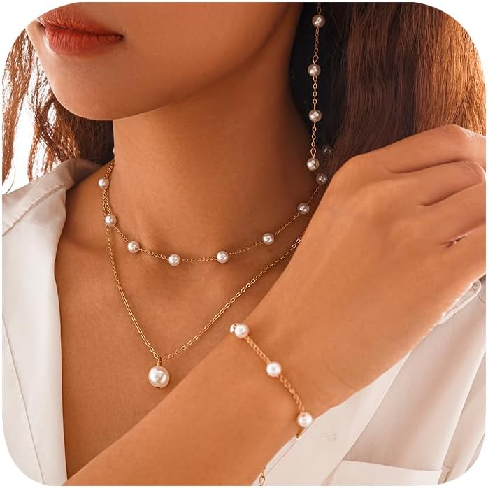 Gold Jewelry Set for Women, Gold Pearl Necklace and Earring Set for Women Elegant Bridesmaid Jewelry Set for Wedding Dainty