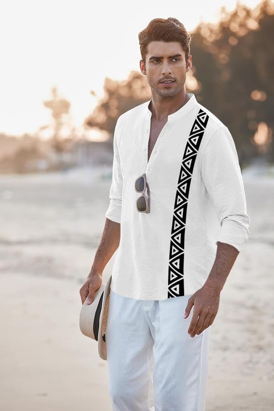 Image of FINIVO FASHION Men's Short Kurta with Printed Geometric Side Panel | Cotton Blend Full Sleeve Ethnic Topwear with Mandarin Collar | Stylish Indo-Fusion Kurta for Daily, Festive, or Casual Wear