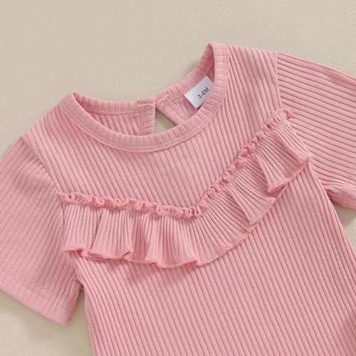 Baby Girls Outfits Summer Solid Color Short Sleeve Bodysuit Shorts with Headband Newborn Clothes Set Rib Ruffle Bodysuit3