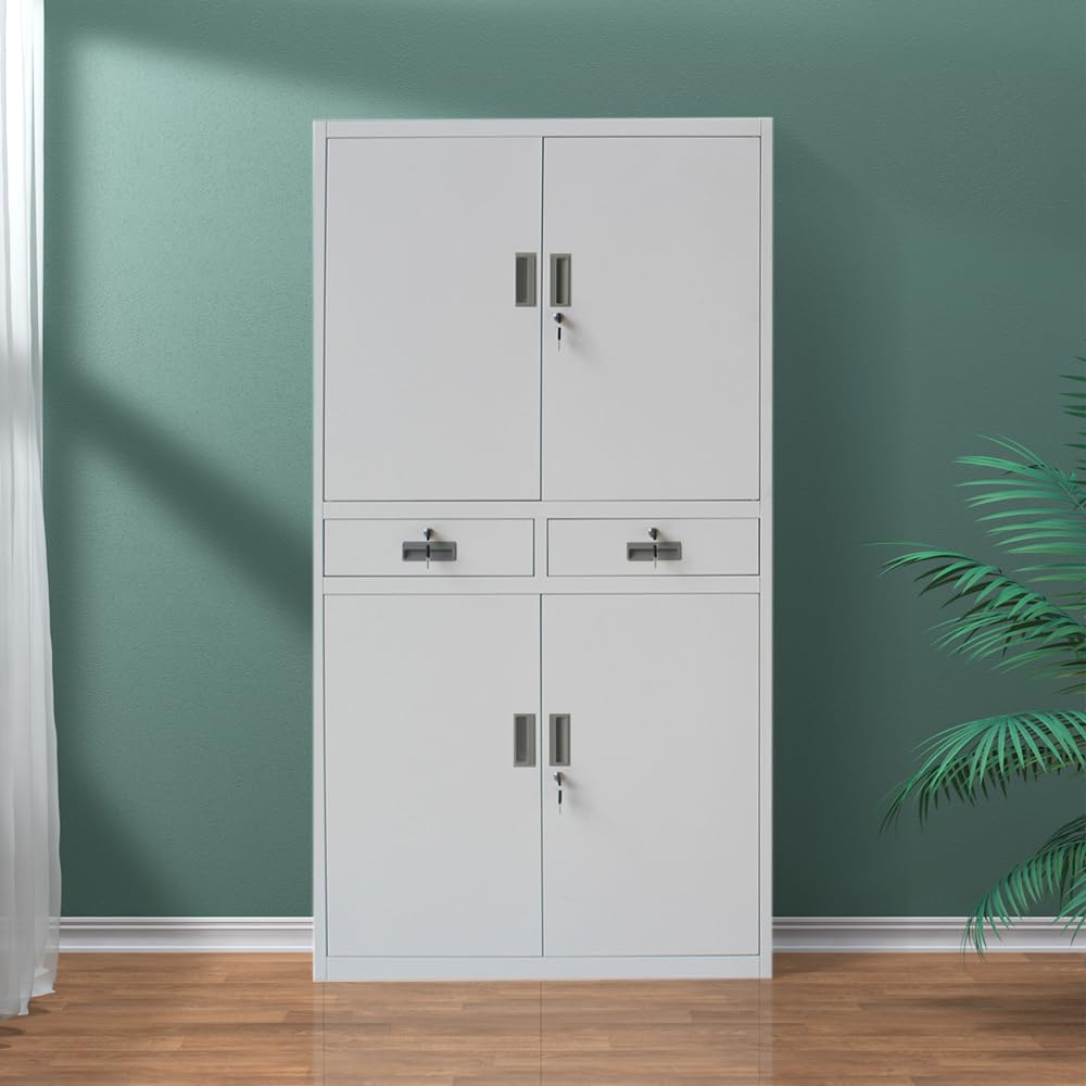 Panana Armoire de Bureau Métallique avec Serrure, Armoire de Rangement avec 2 Tiroirs 4 Portes 3 Étagères Réglables en Hauteur pour Travail, Bureau à Domicile, 80 x 40 x 180 cm