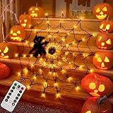 Halloween Decorations Spider Web Lights - 4FT Diameter 70 LEDs with Black Spider, Waterproof Net Lights, Remote Control, 8 Modes Cobweb Halloween Decorations for House Garden Indoor Outdoor (Orange)