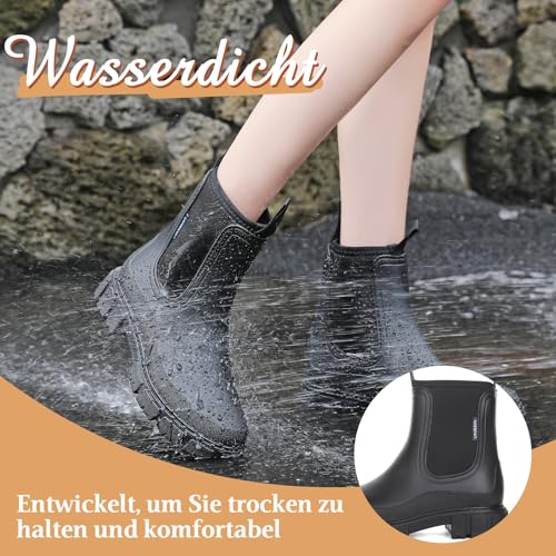 Gummistiefel Damen Wasserdicht Boots，Halbhohe Regenstiefel Chelsea Mit Rutschfest Sohle Modische Schlamm Outdoor Arbeit Stiefel Für Damen