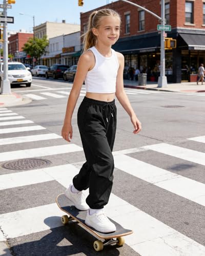 Image of Girls Parachute Cargo Pants Drawstring Waterproof Causal Hiking Pants for Girls Pockets Lightweight Running Joggers