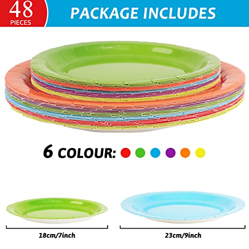 Wiooffen 48 Pcs Colorful Paper Plates Rainbow Party Supplies Colored Disposable Party Paper Tray Premium Dessert Cake Decorations Paper Tray For 24 Guests 7In And 9In Round #TOP1