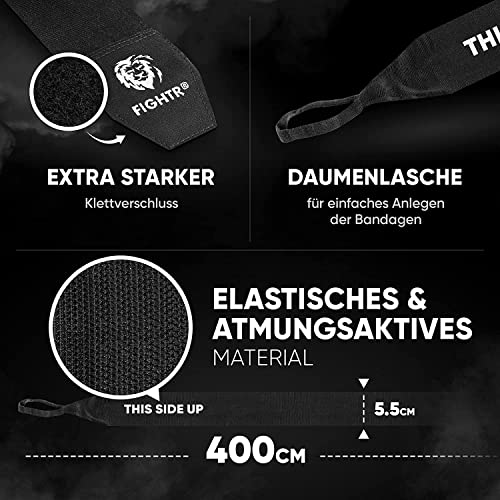 FIGHTR® Premium Boxbandagen für max. Stabilität und Sicherheit | 4m halb elastische Bandage mit Daumenschlaufe für Boxen, MMA, Muay Thai - Box Hand Bandage Sport | Set aus 2