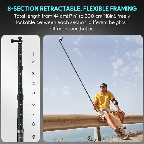 REYGEAK 3 m kij do selfie długi słupek niewidoczny (300 cm), lekki przedłużacz z włókna węglowego do Go Pro Max Hero 12 11 10 9 One X2 X3 RS Go 3 DJI Action 4 3 Pocket 3 akcesoria