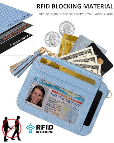 KOTORA Small Card Case Womens Wristlet Keychian Card Holder Cash Coin Purse Girls Cute Tassel Wallet Slim Front Pocket Zip Wallets (Blue)4