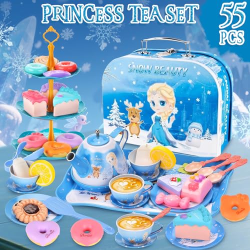 55Pcs Teeservice Kinder mit Dessert Rollenspiele, Teeparty Spielküche Rollenspiele mit Tragekoffer für 3-8 Jahre Alte Kreative Geburtstagsgeschenke mit Krone,fünfteiliger Halskette,Handtasche,Blaues
