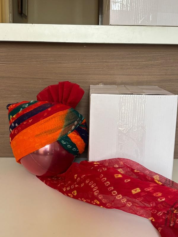Image of THE SHAPE Rajasthani Safa Multicolor Bandhani Pagri for Men | Traditional Marwadi Cotton Blend Turban | Ethnic Wear Wedding Pagdi for Groom & Baraati | Party & Event Decoration Safa