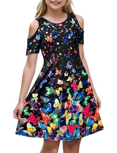 Girl's Dresses Summer Cold Shoulder Butterfly Printed Party A Line Swing Casual Dress 9-14 Years