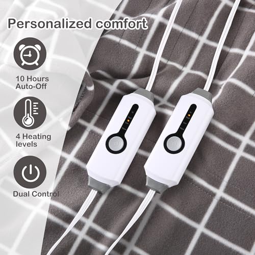 Electric Heated Blanket Queen Size 84"x90", Soft Fleece with 10 Hours Auto-Off & 4 Heating Levels, Dual Control and Machine Washable, LightGray Plaid
