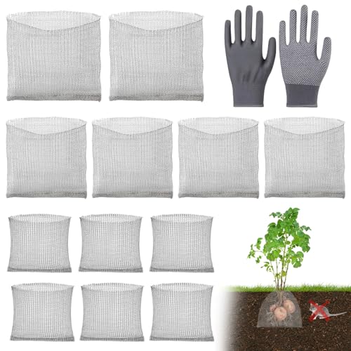 YUE QIN 12 Stück WüHlmauskorb aus Edelstahl für Pflanzen mit Handschuhe Wurzelschutz Gegen Wühlmäuse 3 Größen Pflanzenwurzelschutz Wühlmauskörbe für Schutz der Wurzeln Von Bäumen Blumen Gemüse