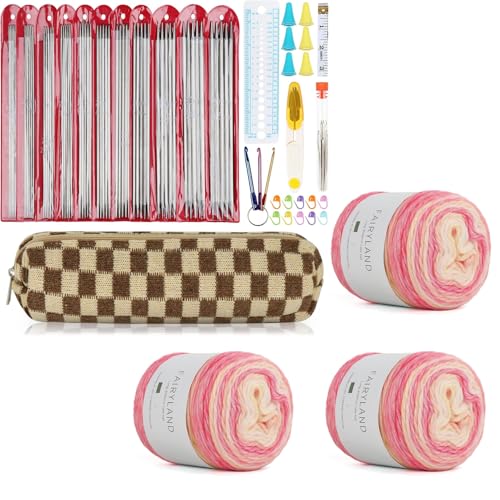 Image of Aeelike 55pcs Double Pointed Knitting Needles with 3 Skeins Super Soft Gradient Cake Yarn 100g (3.52 oz) 245m (267 Yards)