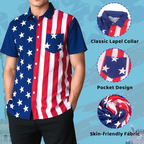 Evankin 4th of July Hawaiian Shirts for Men American Flag Patriotic Button Down Beach Shirts USA Short Sleeve Tops2