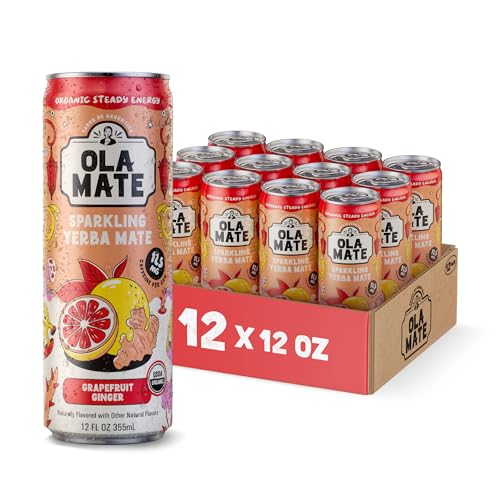 Image of Yerba Mate Energy Drink - Low Sugar Sparkling Tea Cans with Ashwagandha, Lion's Mane, USDA Organic Clean Energy Drink with 125mg Natural Caffeine, Ola Mate Grapefruit Ginger