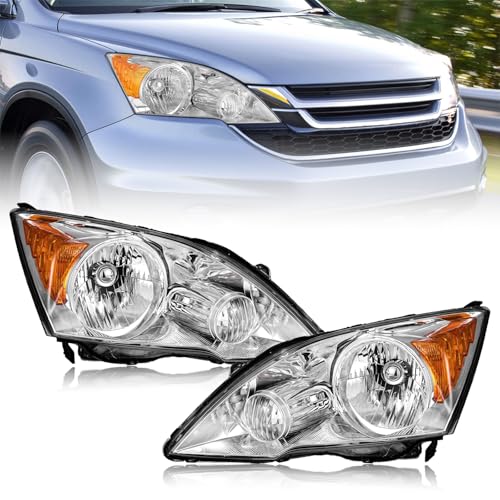 Headlights Assembly Compatible With 2007 2008 2009 2010 Honda CRV CR-V Replacement Headlamp Driver and Passenger Side Chrome Housing Amber Reflector Head Light