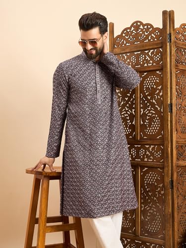 Image of Amazon Brand - Tavasya Men Rayon Geometric Embroidered Mandarin Collar Straight Kurta