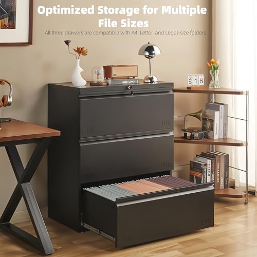 Image of Guizeeopo Metal File Cabinet with Lock, 3 Drawer Lateral File Cabinets for Home Office, Heavy Duty Office Storage Cabinet for A4 /Letter /Legal Size, Assembly Required(Black)
