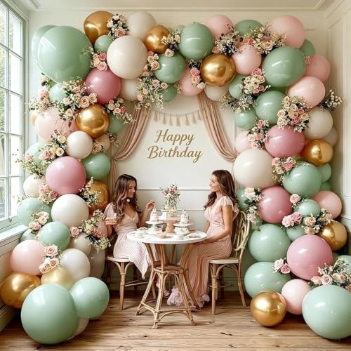 Image of Dusty Green Pink Balloon Arch Double Stuffed Pastel Baby Pink Light Green White Cream Balloon Metallic Gold Latex Balloons for Baby in Bloom Birthday Bridal Shower Wedding Summer Party Decorations