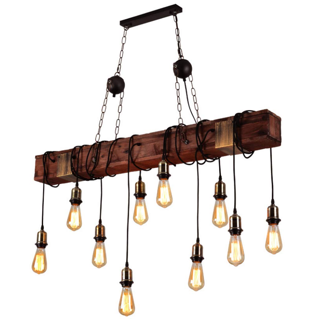 AHQX E27 Vintage Industrial Chandelier Wood Pendant Light Metal 10 Bulb Industrial Retro Hanging Lamp Height Adjustable Vintage Ceiling Light Room Lampe Bar Lighting Living Room Vintage Lights