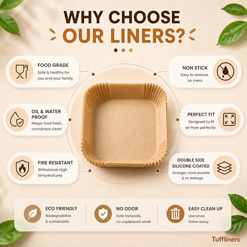 Image of Square Air Fryer Paper Liners 9 Inch, 100 Sheets, Silicone Coated, 100% Virgin Wood Pulp, Oil & Water Proof, Shape Retaining, Non-Stick Disposable Parchment Paper for 7.6-11.4L Air Fryers