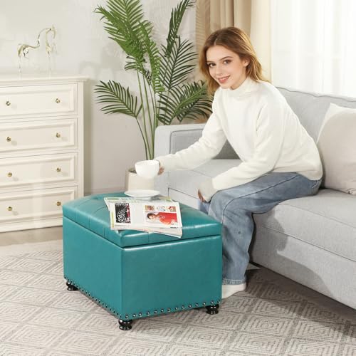 Image of Joveco Leather Storage Ottoman, 24 inch Rectangle Tufted Upholstered Bench, Foot Rest Stool with Wood Legs, Footstool for Living Room, Bedroom