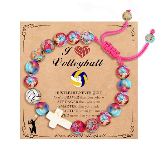 Image of Softball /Soccer /Volleyball /Basketball /Baseball /Football Sports Gifts for Girls Teens Natural Stone Beaded Cross Bracelets Christian Religious Game Day Jewelry Gift