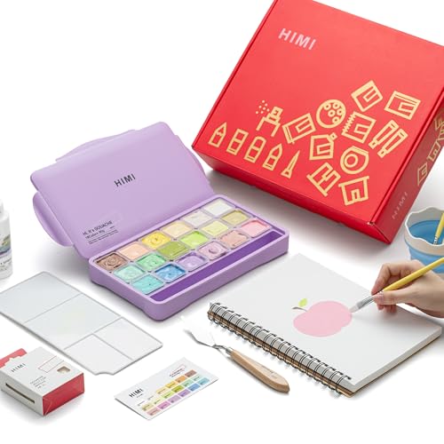 HIMI Deluxe 18 Colors Jelly Gouache Paint Gift Set Complete Art Kit with Pad Spray Palette Brushes Painting Knife Foldable Bucket & Refills for Beginners Students & Artists (Purple)