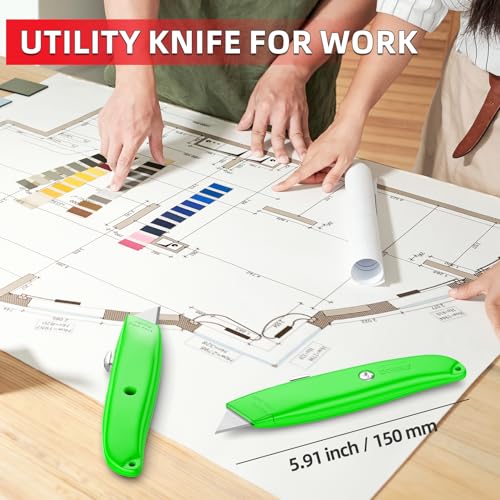 Image of DIYSELF 20 Pack Retractable Box Cutters, Heavy Duty Razor Utility Knives | Box Cutter for Boxes, Paper, Carpet and Vinyl, Utility Knives for Garage, Home and Office, PVC Pipe Cutter (Green)