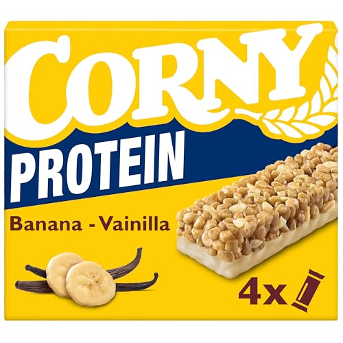 Müsliriegel Corny Classic Protein Banana-Vanilla | 24% Protein| Proteinriegel mit Banane und Vanille | Ohne Zuckerzusatz | Genuss für Sport Büro und unterwegs | 4 x 25 g