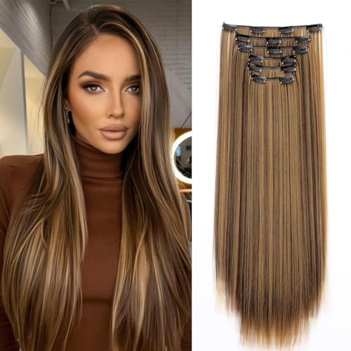 Dcbaboo Extensiones de Cabello Liso con Clip para Mujeres, 6PCS Extensiones de Clip de Pelo Sintetico Postizos de Pelo Largo Recto Clip in Hair Extension, Marrón medio & Rubio oscuro