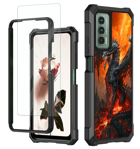 RAUEDWDJS for Cricket Outlast Case,At&t Jetmore Phone Case with Glass Screen Protector,Heavy Duty Hard PC & Soft TPU Bumper Shockproof Protective Phone Case for Cricket Outlast-Firedragon