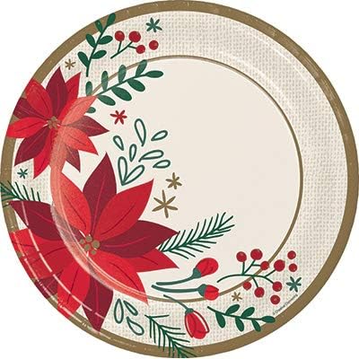 Winter Season Christmas Party Decorations, Modern Poinsettia Printed 10 Inch Round Paper Plates, Box of 96