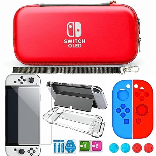 Funda de transporte compatible con Switch OLED, paquete de accesorios con protector de pantalla transparente para consola de juegos NS OLED, piel de silicona para Joy-Con y 4 tapas de agarre para el