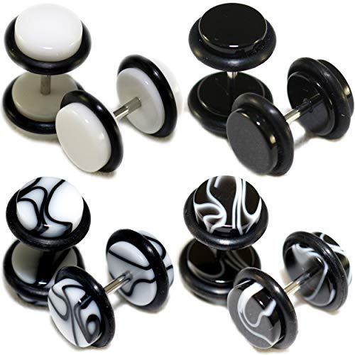 4 Pairs Black White Marble Acrylic Fake Cheaters Faux Illusion Plugs 0G (8mm) Medium Size (8pcs)