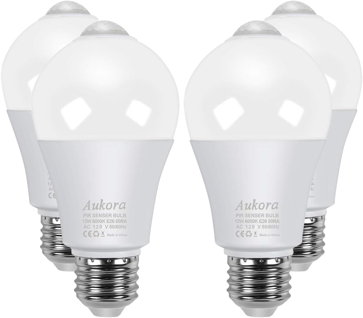 Aukora Motion Sensor Light Bulbs 4-Pack, 12W (100-Watt Equivalent) E26 Motion Activated Dusk to Dawn Security Light Bulb Outdoor/Indoor for Front Door Porch Garage Basement Hallway Closet(Cold White)
