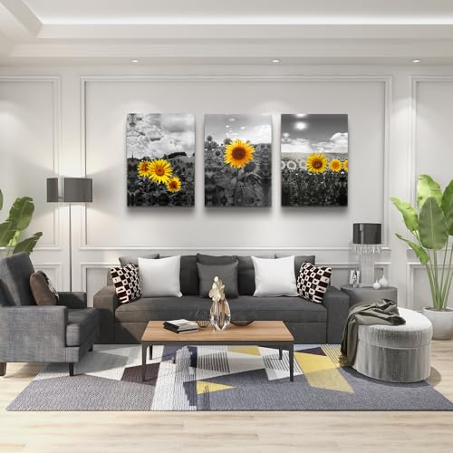 DZRWUBHS Canvas Wall Art - Large Wall Decor For Living Room, Bedroom, Kitchen, Bathroom - Black And White Sunflower Flowers Wall Painting - 3 Panel