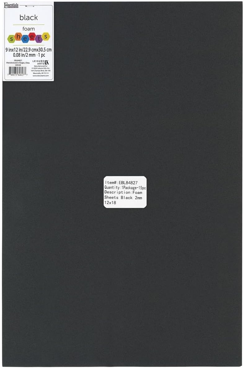 Essentials by Leisure Foam Sheet 12x18 Inch 2mm Black 15-Pack, Crafting Foam, Black Foam Paper, Thin Sheets for DIY Projects, Soft Foam for Crafts, Art Supplies for Adults