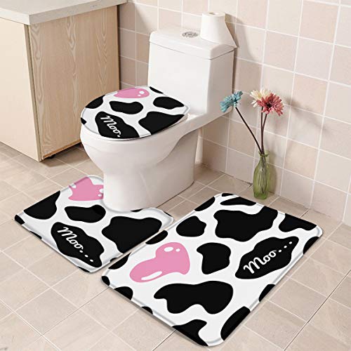 Queenker 3-teiliges Badteppich-Set, WC-Sitzbezug, rosa Herzform, Kuhmuster, Konturenteppich, WC-Vorleger und WC-Deckelbezug, rutschfeste Badezimmermatte 45.7x76.2 cm + 35.7x45.7 cm + 38.1x45.7 cm – Bild 5