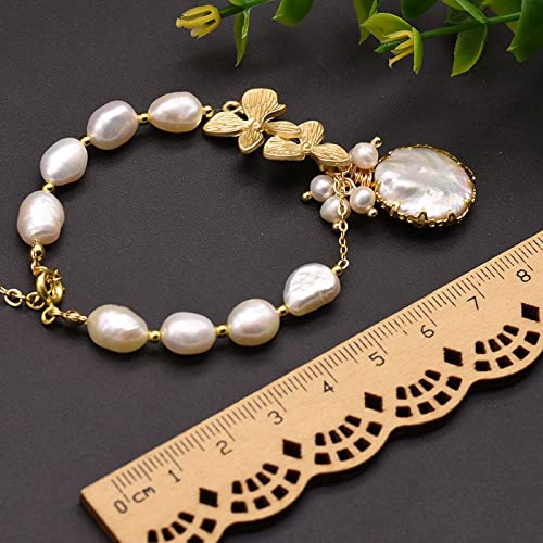Elexis 19K Gold Dainty Baroque Pearl Bracelet For Women Wedding Handmade Originals Trendy Casual Freshwater Pearls Leaf Bracelet For Girls Sister Gift Hypoallergenic Engaged Comfy Bridesmaid Hanging Jewelry #TOP3