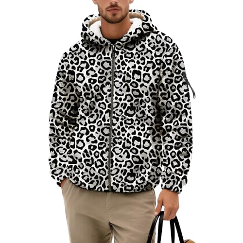 Men's Zip Up Fleece Hoodie Leopard Print Hooded Jacket Fuzzy Sherpa Long Sleeve Fall Winter Trendy Casual Warm Coat