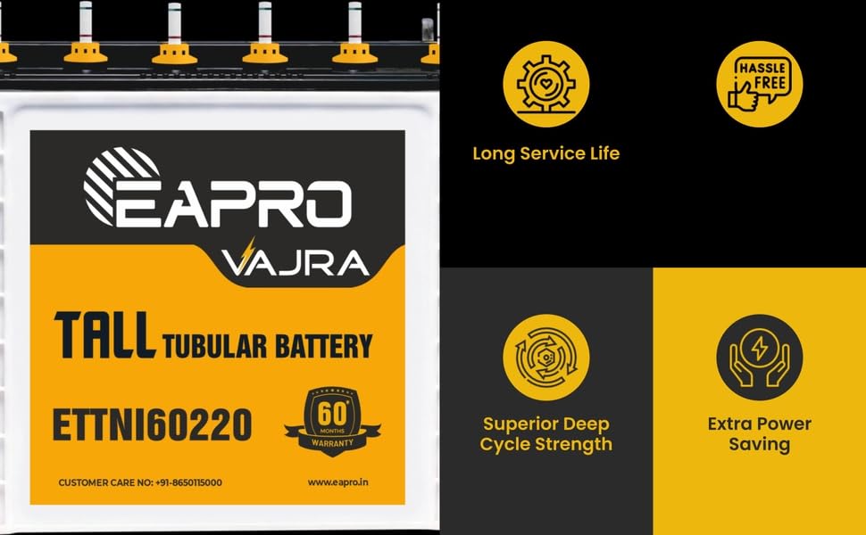 Image of Eapro Vajra ETTNI60220 Tubular Battery, 210Ah - Long Life, Deep Cycle Strength, Low Maintenance, Optimized Energy Storage, 3 Years Warranty